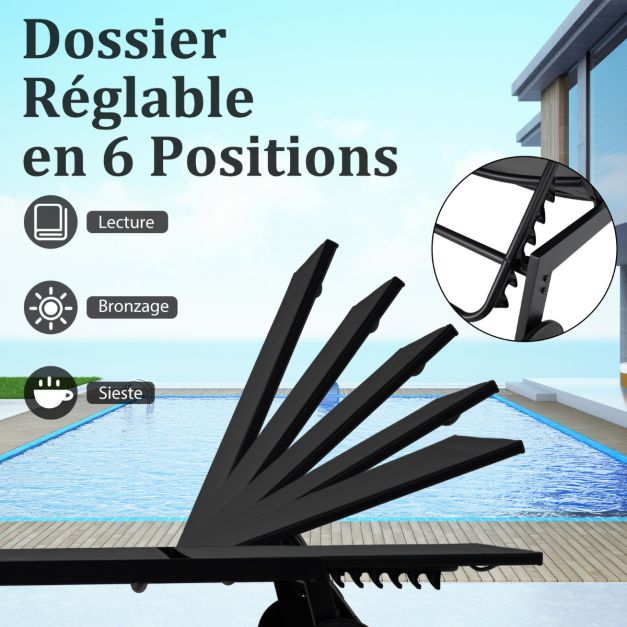 Coast Sonnenliege – 190 x 59 x 99 cm – Verstellbar – Rollbar – Metall – Schwarz