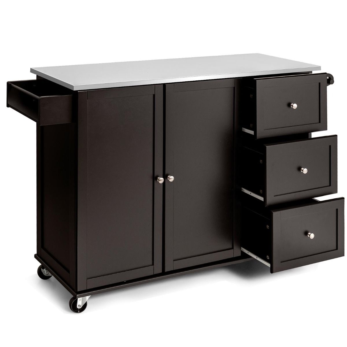 Coast Küchenwagen/Servierwagen – Edelstahl – Kücheninsel mit 3 Schubladen – 135 x 45,5 x 91,5 cm – Braun/Weiß/Schwarz