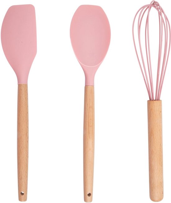 alpina Küchenutensilien-Set mit Halter – 12-teilig – Silikon-Utensilien mit Holzgriff – Rosa