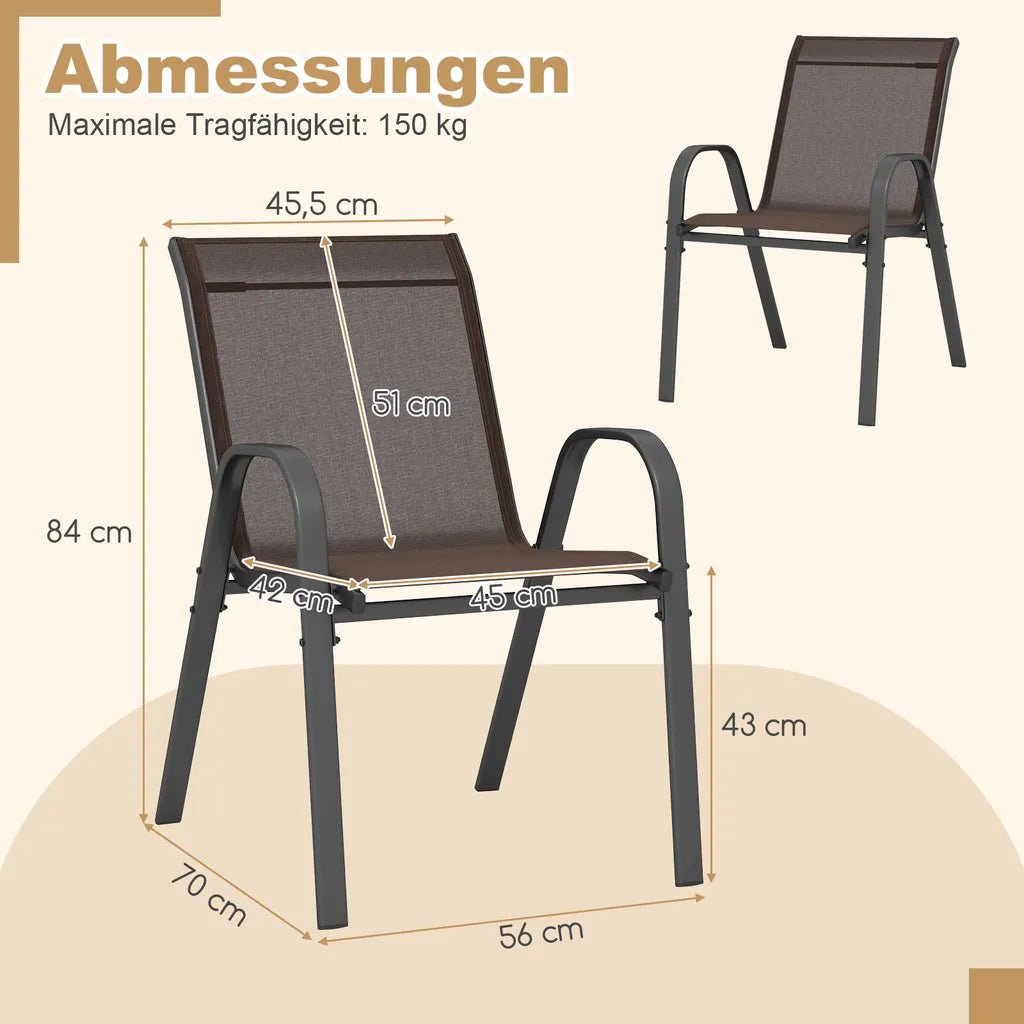 COAST 4er Set stapelbarer Gartenstühle, Balkonstühle, Terrassenstühle, stapelbare Stühle mit Armlehnen bis 150 kg, 56 x 70 x 84 cm, braun