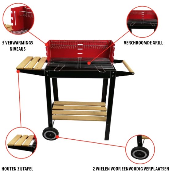 BBQ Collection Holzkohlegrill – Holzkohlegrill mit Rädern – Grill mit verstellbarem Rost und Windschutz – Grill mit Seitentisch – Schwarz