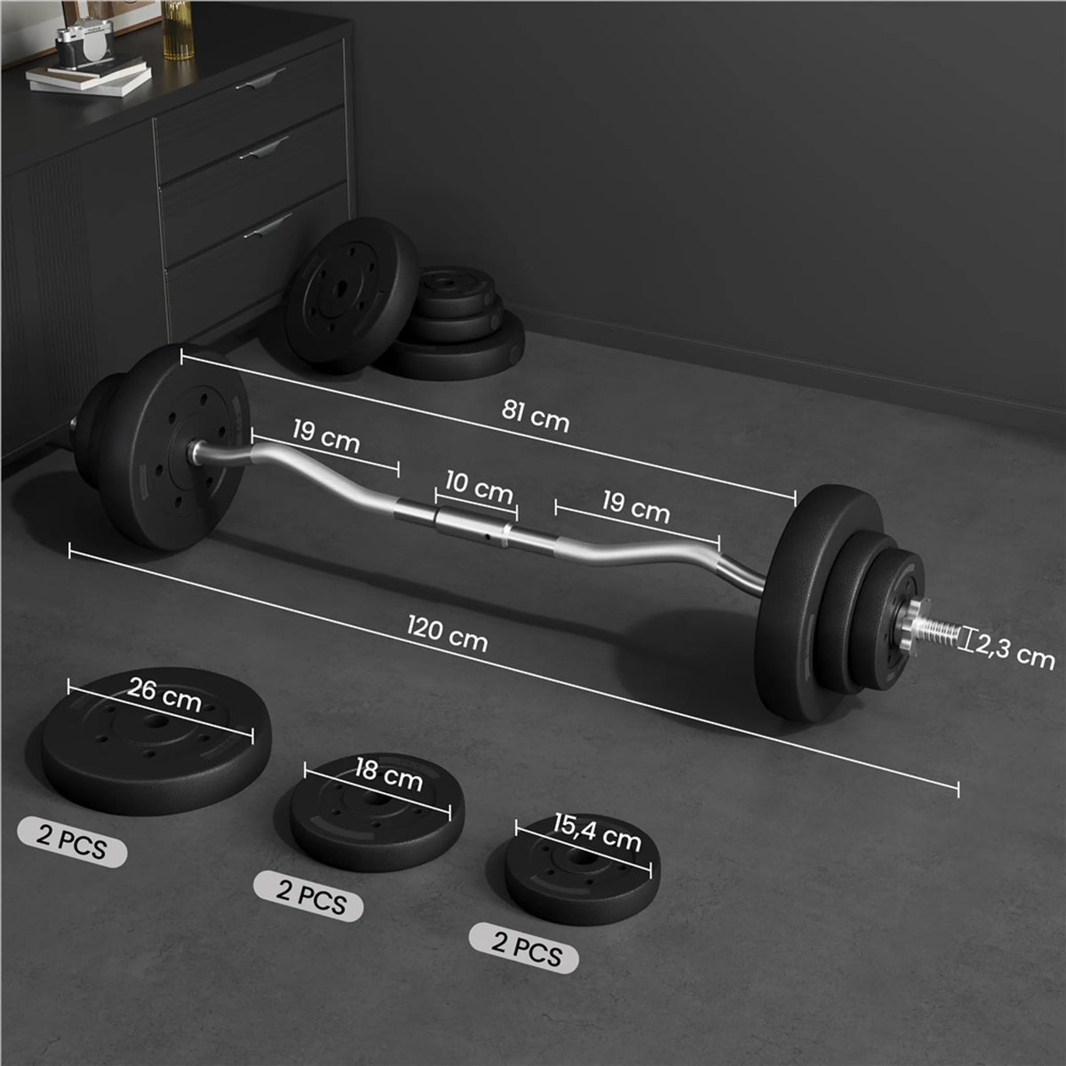 Yaheetech EZ-curl Kurzhantelset 20 kg - Ausgestattet mit verchromter Curl-Stange und 6 Betongewichtsscheiben und Stangenklammern - Für Krafttraining und Muskelaufbau - Schwarzer Metallkunststoff und Beton - 120 x 26 x 26 cm