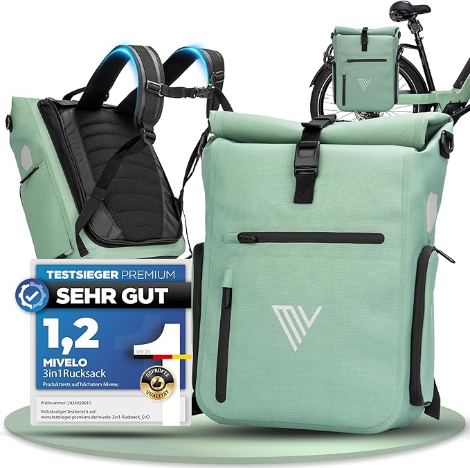 MIVELO - Gepäckträgertasche - 3-in-1 Rucksack & Umhängetasche - Wasserdichtes TPU - 25 Liter - Mint
