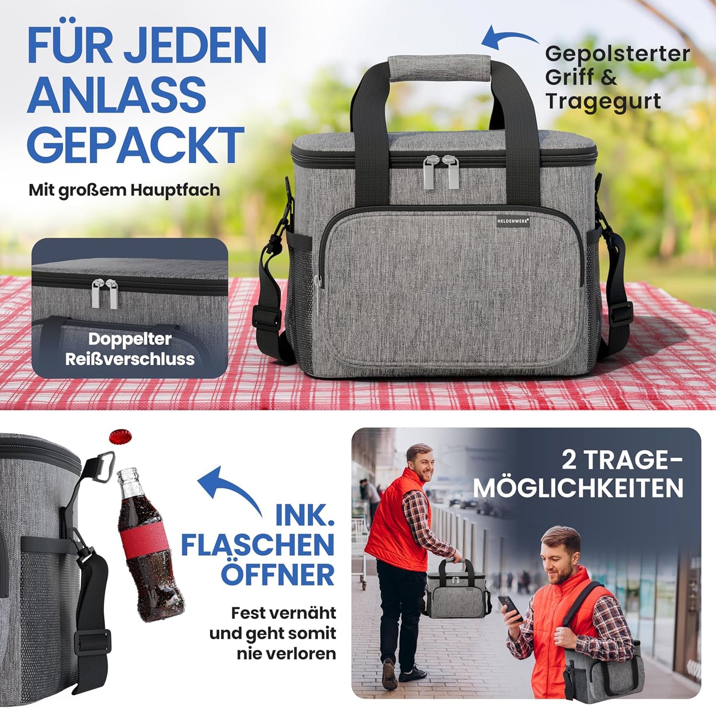 HELDENWERK Faltbare Kühltasche 20L - Isolierte Kühlbox - Auslaufsicher & Wasserdicht - Thermische Picknick- und Lunch-Tasche - Dunkelgrau