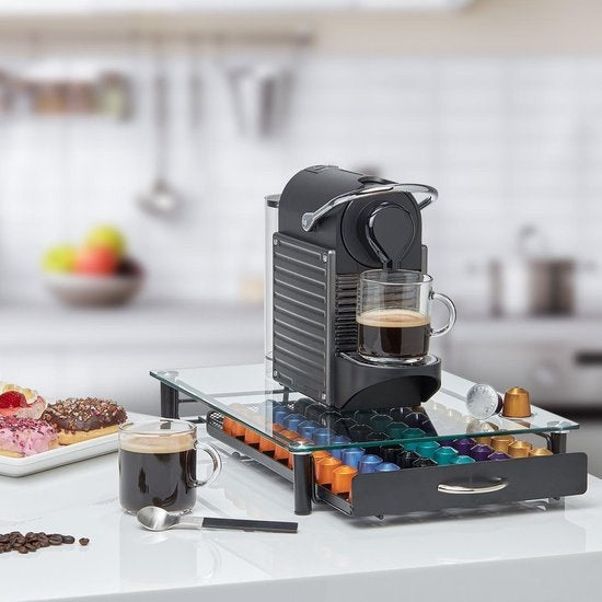 KitchenBrothers Kapselhalter - mit Schublade - Nespresso - 60 Kapseln - Glas - Edelstahl/Schwarz