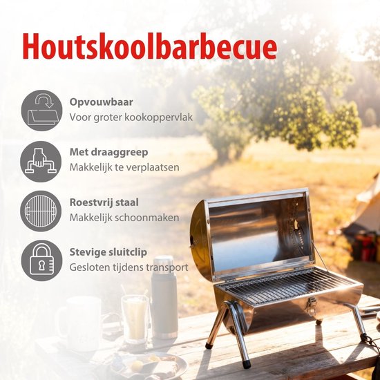 alpina Holzkohlegrill - Tragbarer Grill mit Griff - Campinggrill mit Belüftung und Verriegelungsclip - Holzkohlegrill Kompakt 38 x 30 x 19 cm - Edelstahl
