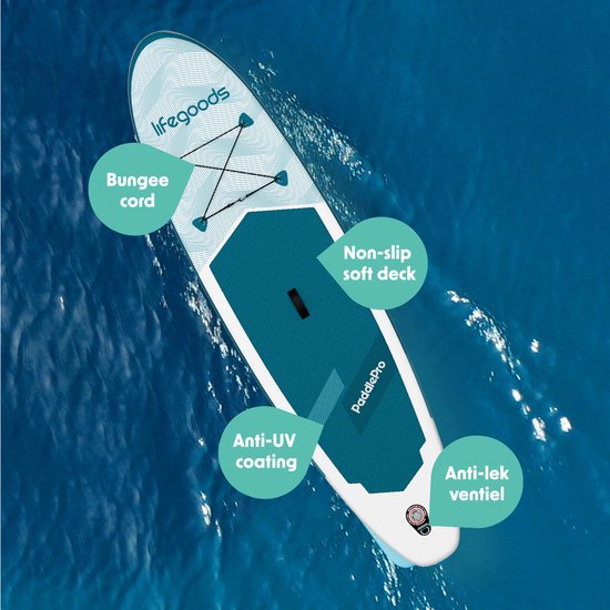 LifeGoods SUP Board All-round Compact - 100 KG Tragfähigkeit - 300 x 76 cm - Aufblasbar - Komplettes SUP Paket - Weiß/Tiefes Aqua