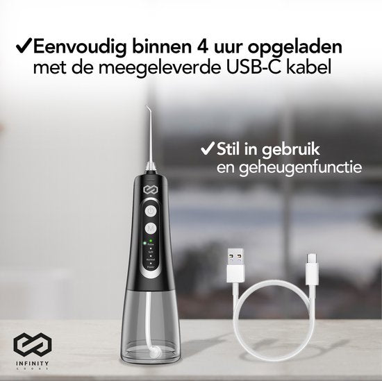 Infinity Goods Water Flosser - Oral Washer - Elektrische Zahnseide - Schnurlos und wiederaufladbar - 5 Aufsätze - Schwarz