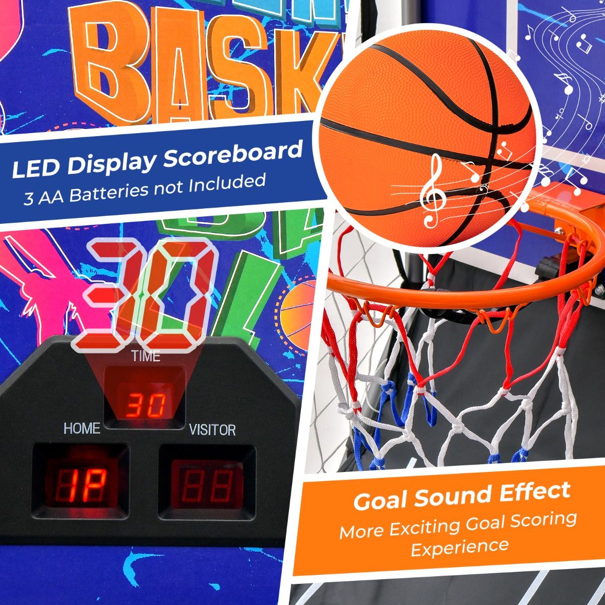 Coast Elektronisches Basketballspiel für drinnen – Doppelwurf – Automatische Punkteanzeige – Dunkelblau + Schwarz