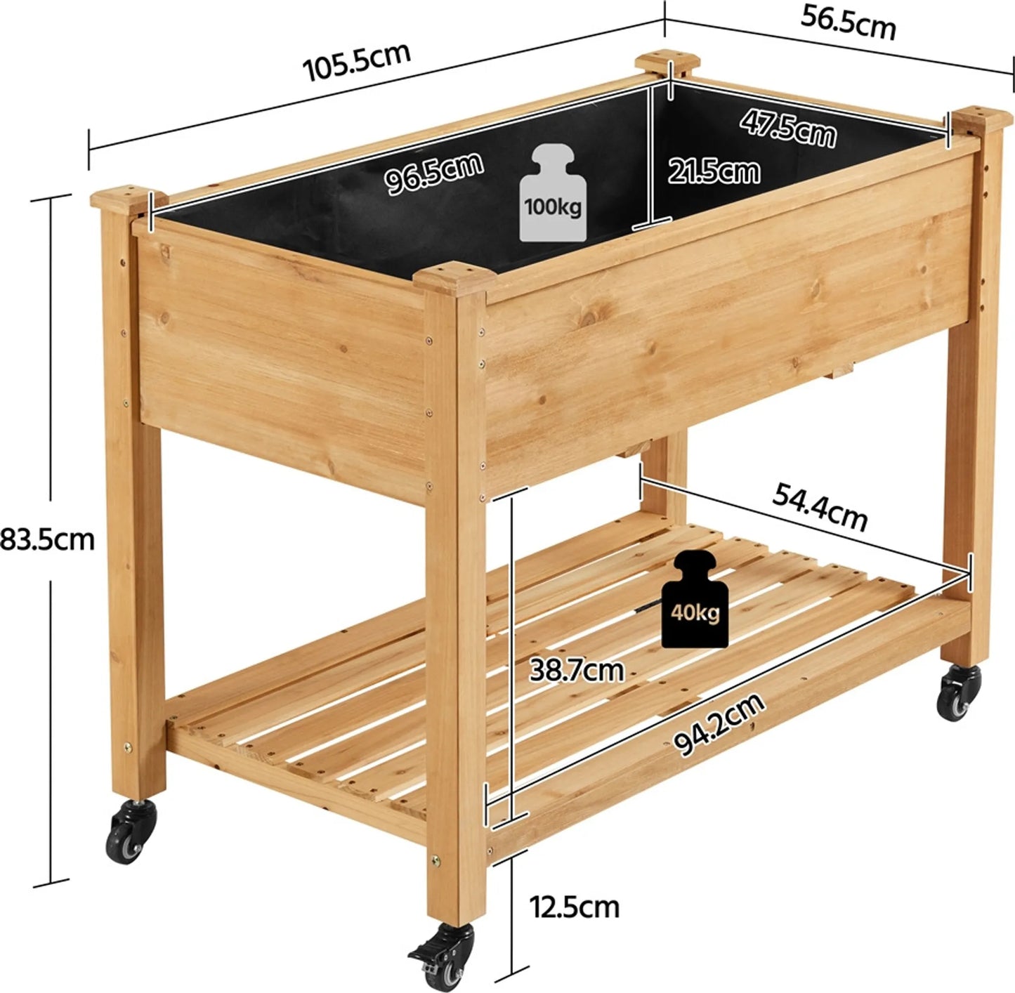 Yaheetech Pflanzgefäß auf Rädern - mit 4 Entwässerungslöchern und Aufbewahrungsbox und 360° Rollen - für Garten, Balkon und Terrasse - Fichte hellbraun - 105,5 x 56,5 x 83,5 cm