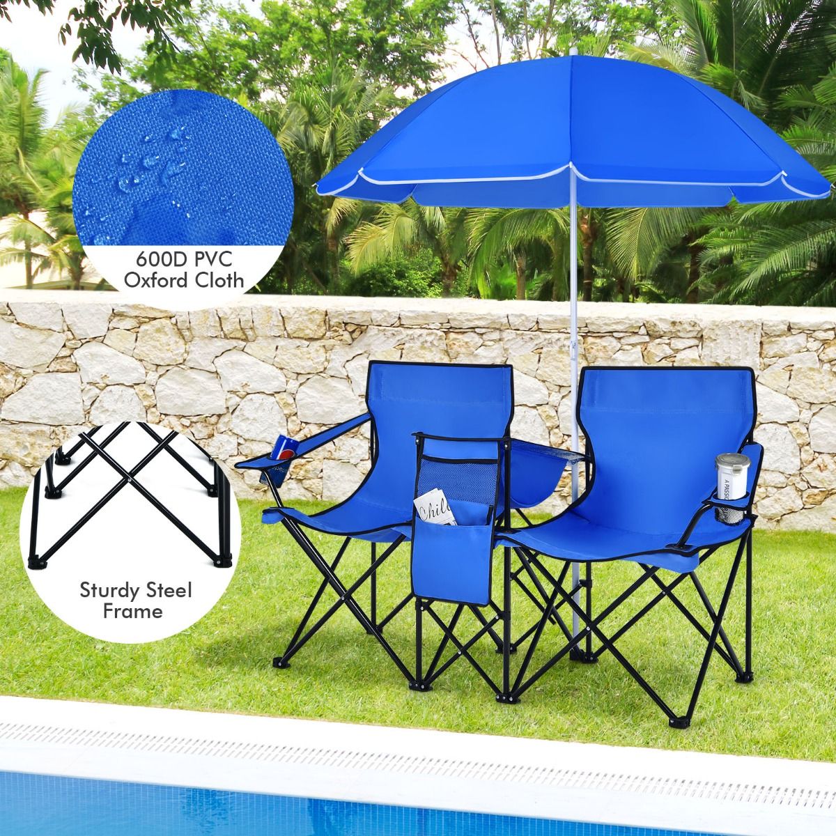 Coast Doppel Campingstuhl - Mit Sonnenschirm - Faltbar - Mit Getränkehalter und Kühltasche - Blau