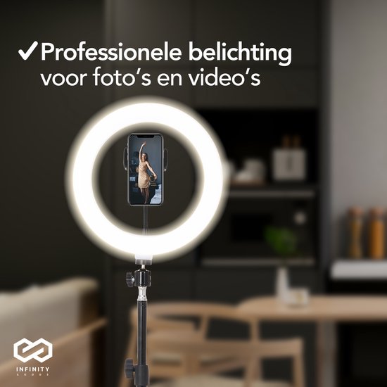 Infinity Goods Ringlicht mit Stativ - LED - 3 Farben - Verstellbares Stativ bis zu 186m - Inklusive Stecker - Selfie Ringlicht für Tiktok / Instagram / Youtube / Streaming / Arbeiten zu Hause - Schwarz