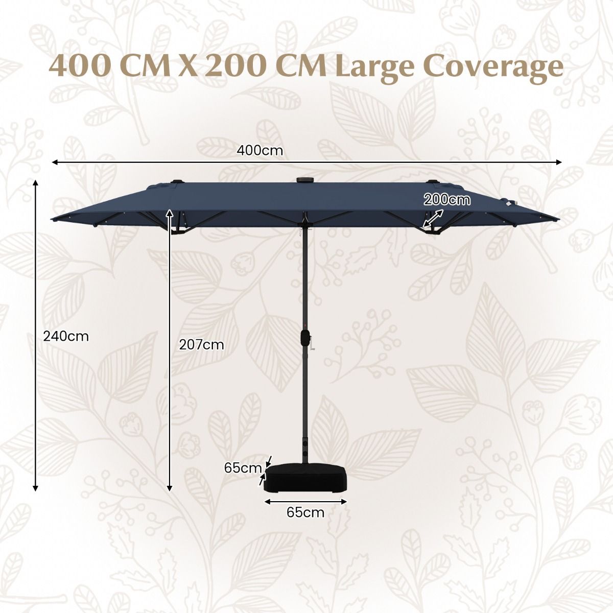 Coast 400 x 200 cm Doppelter Garten-Sonnenschirm Dunkelblau mit solarbetriebener LED, Kurbel und stabilem Kreuzfuß