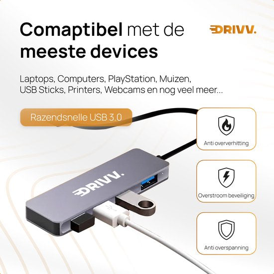 Drivv. USB-Splitter 4 Ports - USB 3.0A - USB-Hub 3.0 - Aluminiumgehäuse - Grau