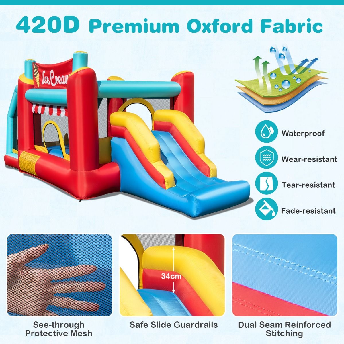 Coast Aufblasbare Hüpfburg 5-in-1 – Rutsche – Bällebad – Basketballkorb – Mehrfarbig 485,5 x 239 x 206 cm