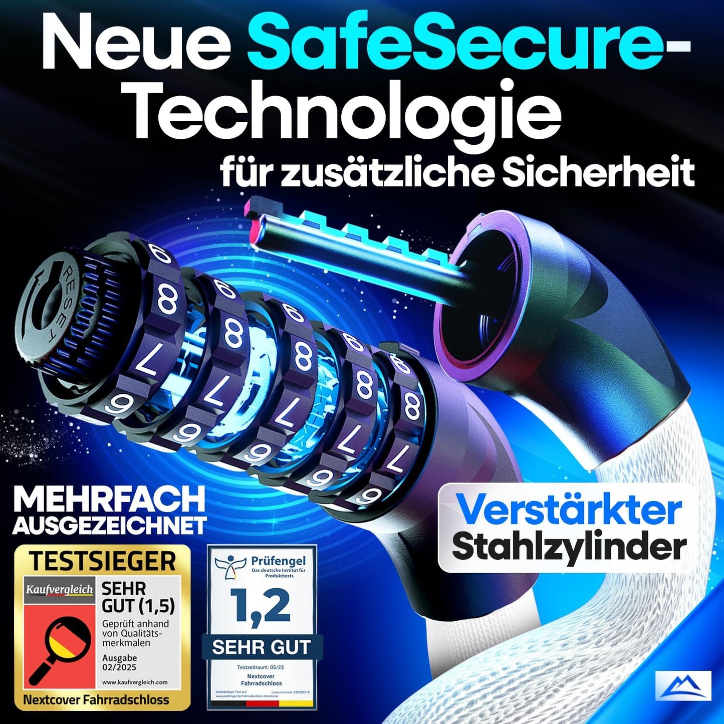 NEXTCOVER® Fahrradschloss LockOne mit Zahlencode I - [SAFESECURE] Zahlenschloss - Sehr robust - 90 cm lang - Reflektierend