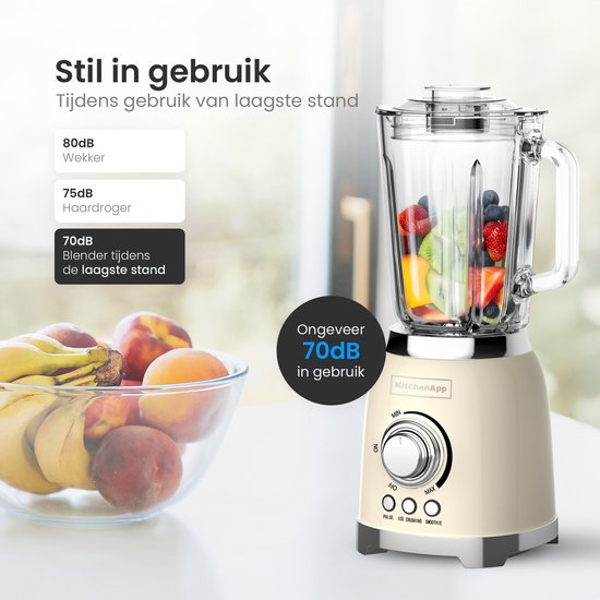 KitchenApp Retro Blender 1.5L - Glaskrug - 800W - Crushed Ice, Smoothie & Pulse - Beige