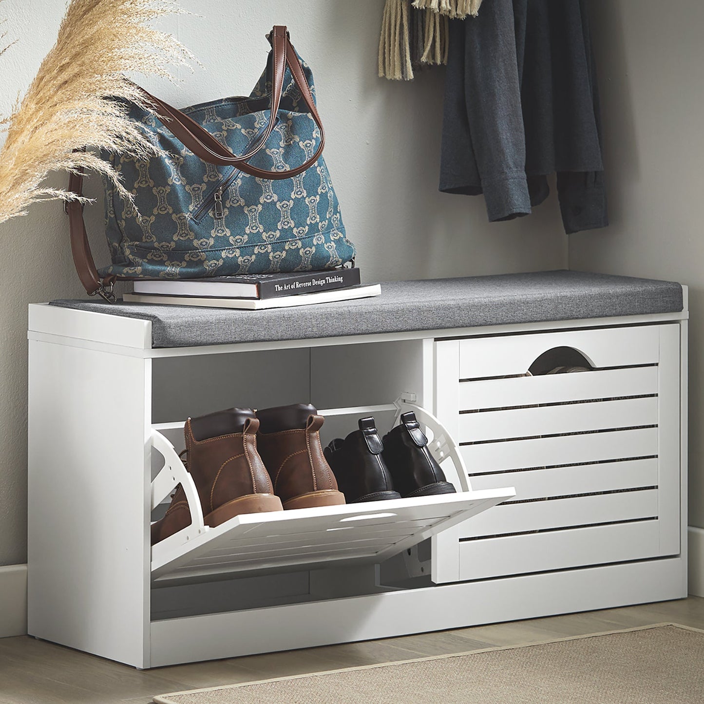SoBuy Schuhschrank mit Sitzkissen – 2 Klappen – 94 x 30 x 47 cm – Weiß