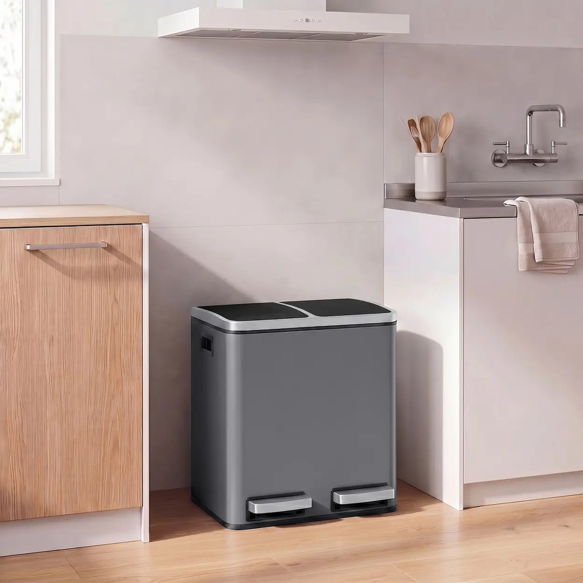 JOYFURNOS Mülleimer 16 l – 41,8 × 35,9 × 44,5 cm – Grau – Zwei Fächer mit Softclose