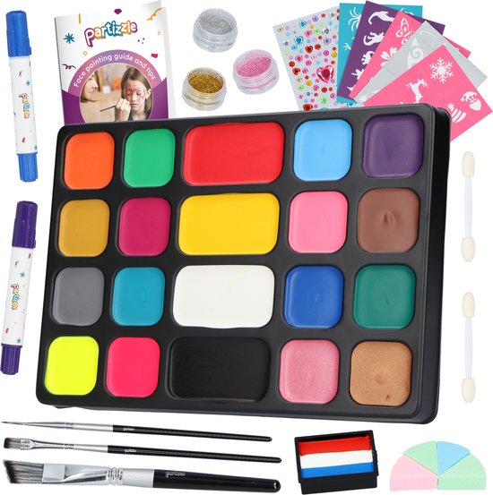 Partizzle Face Paint Set auf Wasserbasis - Gesichtsmalbuch und Schablonenset - Pinsel, Schwämme, Haarkreide, Bio-Glitter - Weihnachten Kinder - 20 Farben