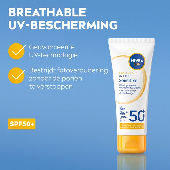 NIVEA SUN UV Face Senstive SPF50+ Sonnenschutz für das Gesicht - für empfindliche Haut - atmungsaktive, nicht fettende Formel - parfümfrei - 40ml