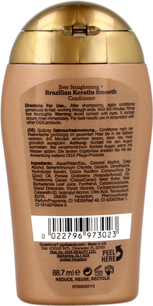 OGX Ever Straight Brazilian Keratin Therapy Conditioner – 88,7 ml – Reisegröße – Mit Keratin, Kokos- und Avocadoöl