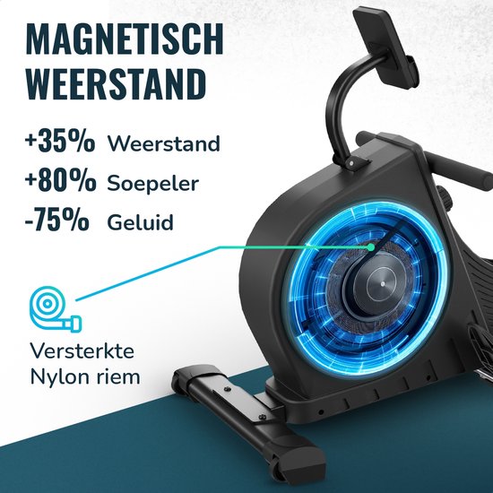 Flowsense Rudergerät - Zusammenklappbares Rudergerät - Geräuschlos - Magnetisches Rudergerät Fitness - Rudertrainer - 16 Widerstandsstufen - LCD Monitor