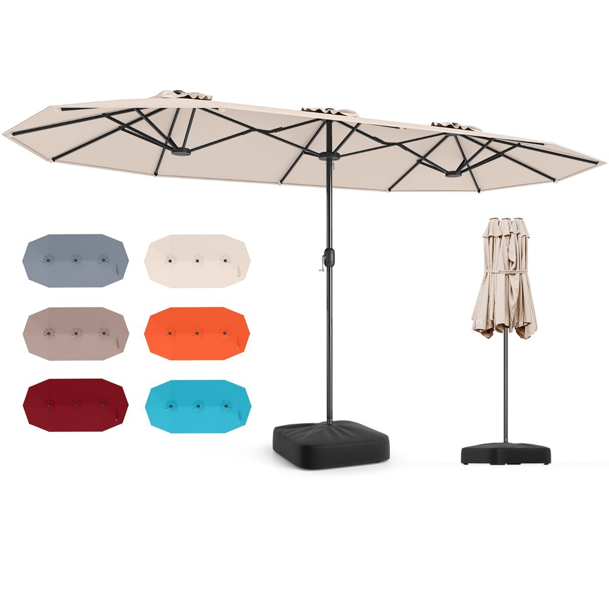 Coast Doppel-Terrassenschirm – extra groß – mit Kurbel und beschwertem Sockel – beige 400 x 212 cm