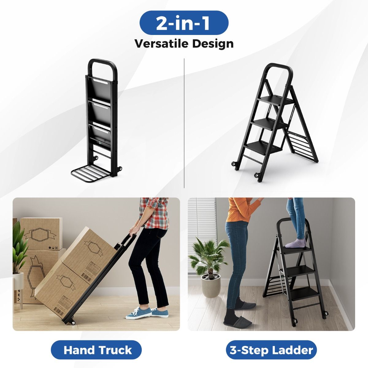 Coast Klappleiter und Transportwagen – 2-in-1-Design – 3 breite Sprossen – Schwarz