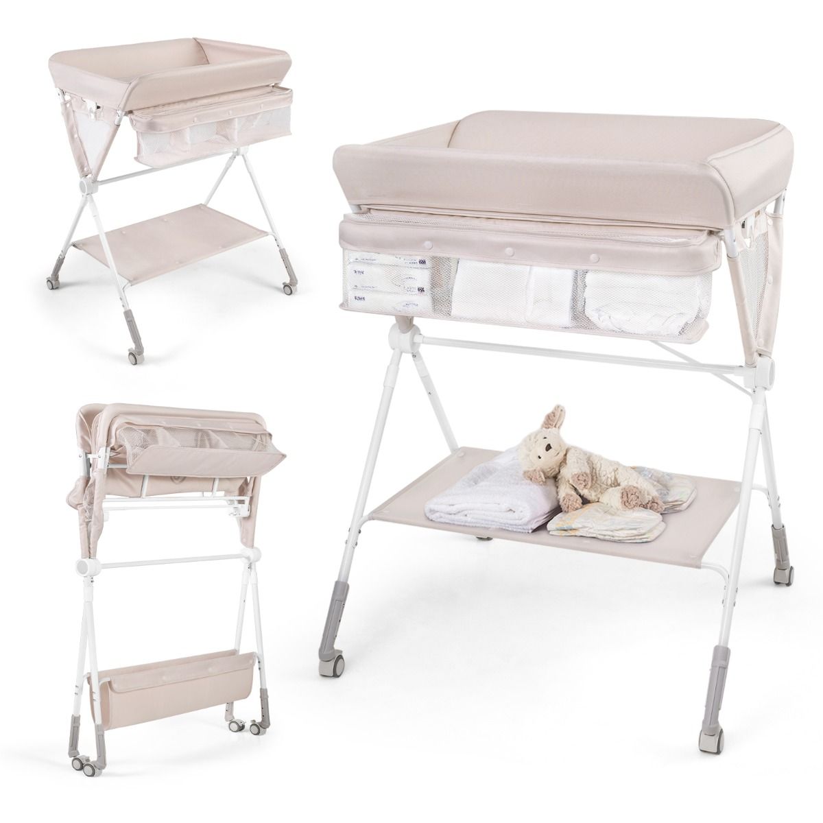 Coast Klappbarer Wickeltisch – höhenverstellbar – mit Rollen und Stauraum – 81 x 66,5 x 95–101 cm