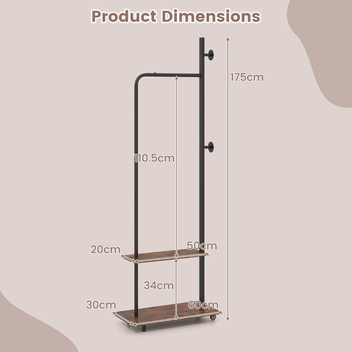 Coast Kleiderständer mit Kleiderstange – 2 Haken und 2 Ablagebretter – Metallgestell – 60 x 30 x 175 cm – Braun