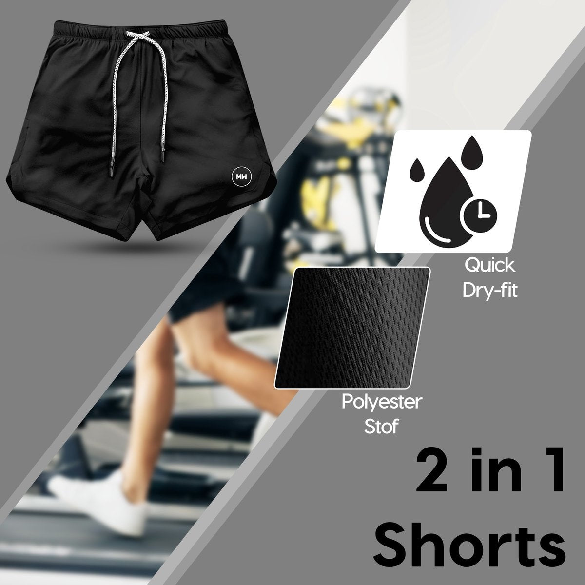 MWÂ® - Sporthosen für Männer - Fitnesshosen - Laufhosen - Sportbekleidung - 2 in 1 Shorts - (Schwarz - L)