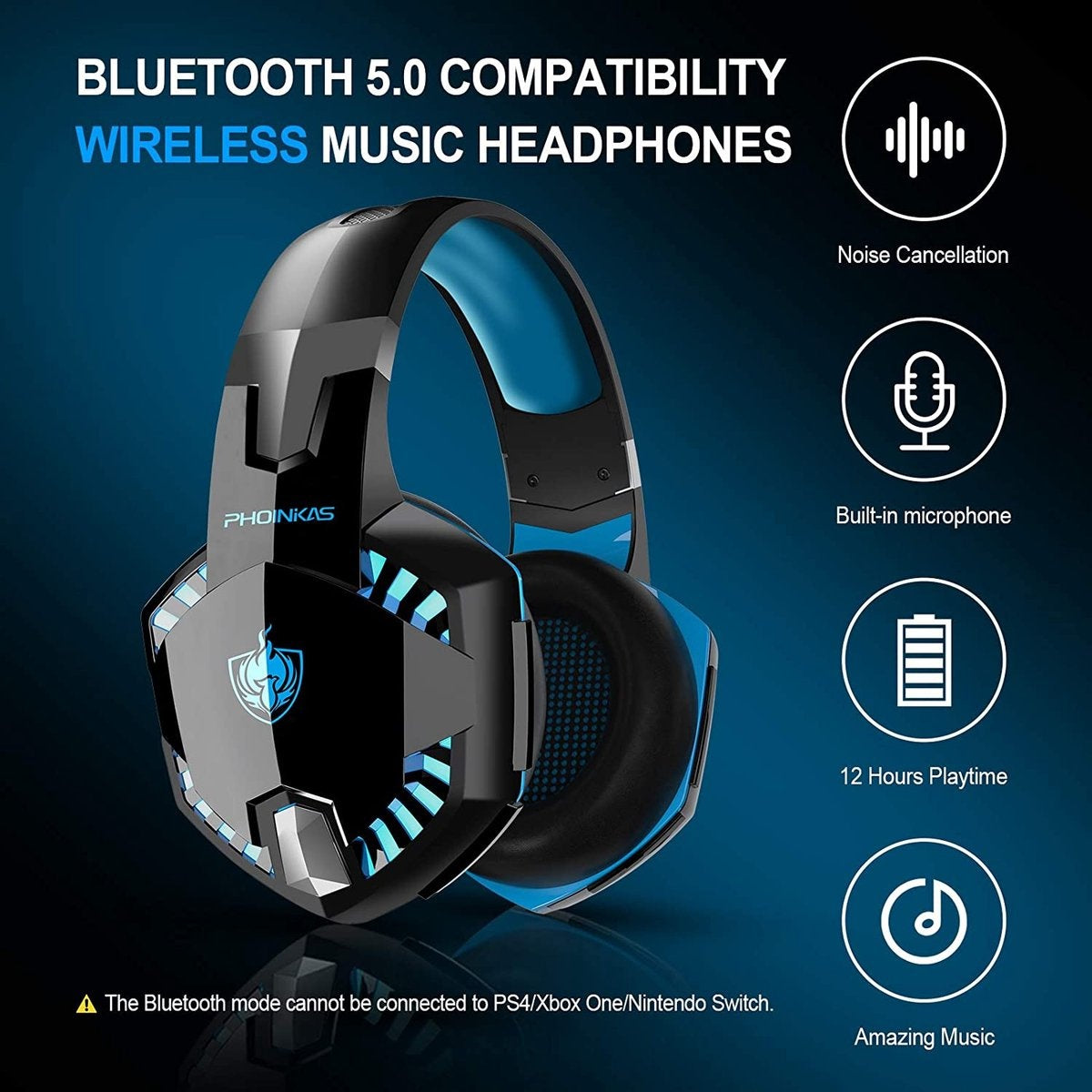 PHOINIKAS - Bluetooth Laptop Gaming Headset mit Mikrofon - G2000 BT - Over-Ear Kopfhörer -Schwarz