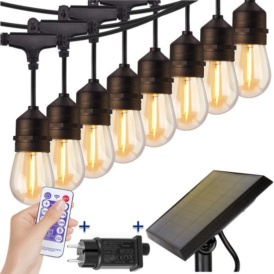 SHINE - Lichterkette für den Außenbereich - Solarbetriebene Lichtergirlande - Solar Led Prick Cord - Partybeleuchtung - Glühbirnengirlande - Gartenbeleuchtung - Vintage Classic Atmosphere Lighting - 8.3 Meter - 12 Led E27 Glühbirnen mit Fernsteuerung
