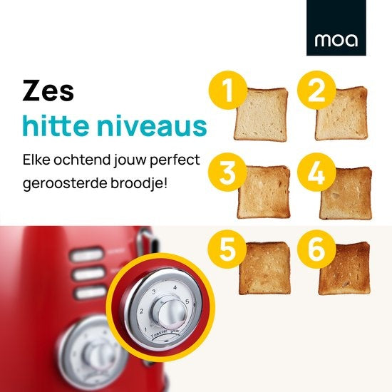 MOA Retro-Toaster - 6 Heizstufen - 2 extra breite Schlitze - 850W - Aufwärm- und Auftaufunktion - Rot - T3R