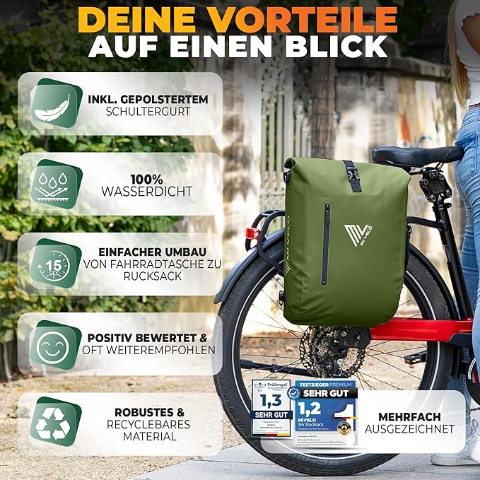MIVELO - 3-in-1 Wasserdichte Packtasche mit Laptopfach - Olivgrün - 20L