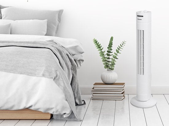 Bestron Turmventilator, Ventilator mit 3 Geschwindigkeitsstufen & 75° Grad Drehfunktion, inkl. Timer, Höhe: 78 cm, 35W, AFT760W, Farbe: weiß