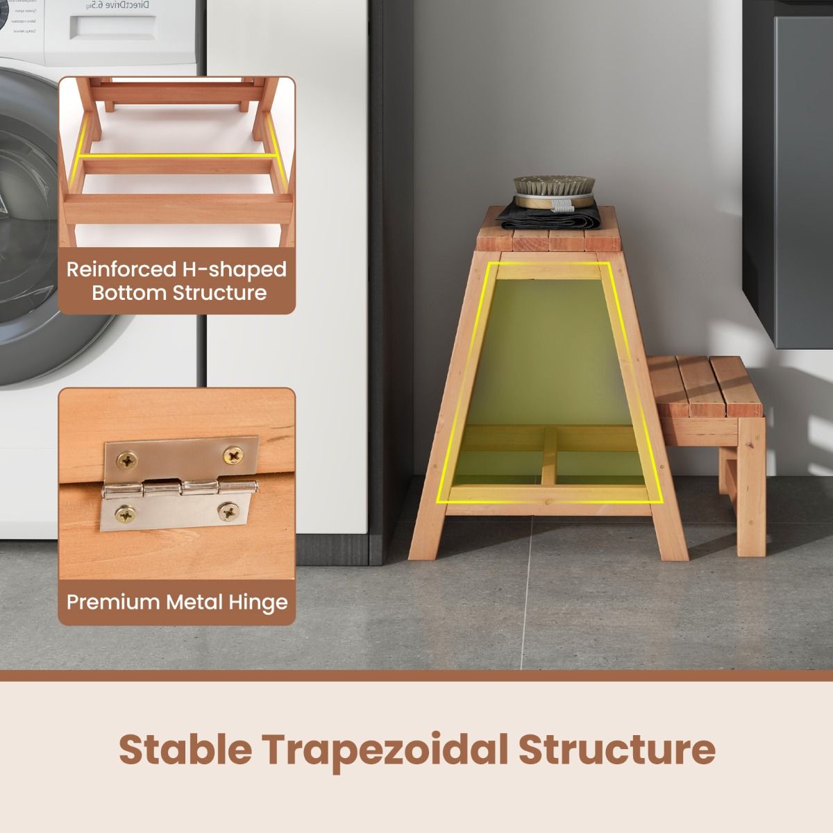 Coast 2-Step Foldable Wooden Stool Natural - Multifunktionale Stufe für Kinder und Erwachsene 50x39x45 cm