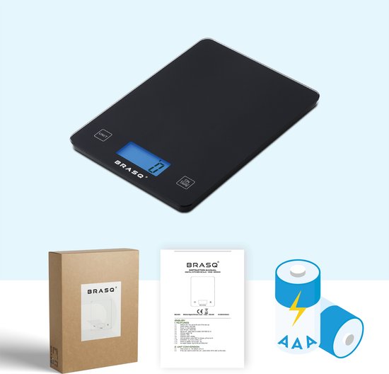 BRASQ Digitale Küchenwaage Schwarz - Inklusive Batterien - Küchenwaage mit Tara-Funktion - Wägebereich 10 KG - Präzisionswaage