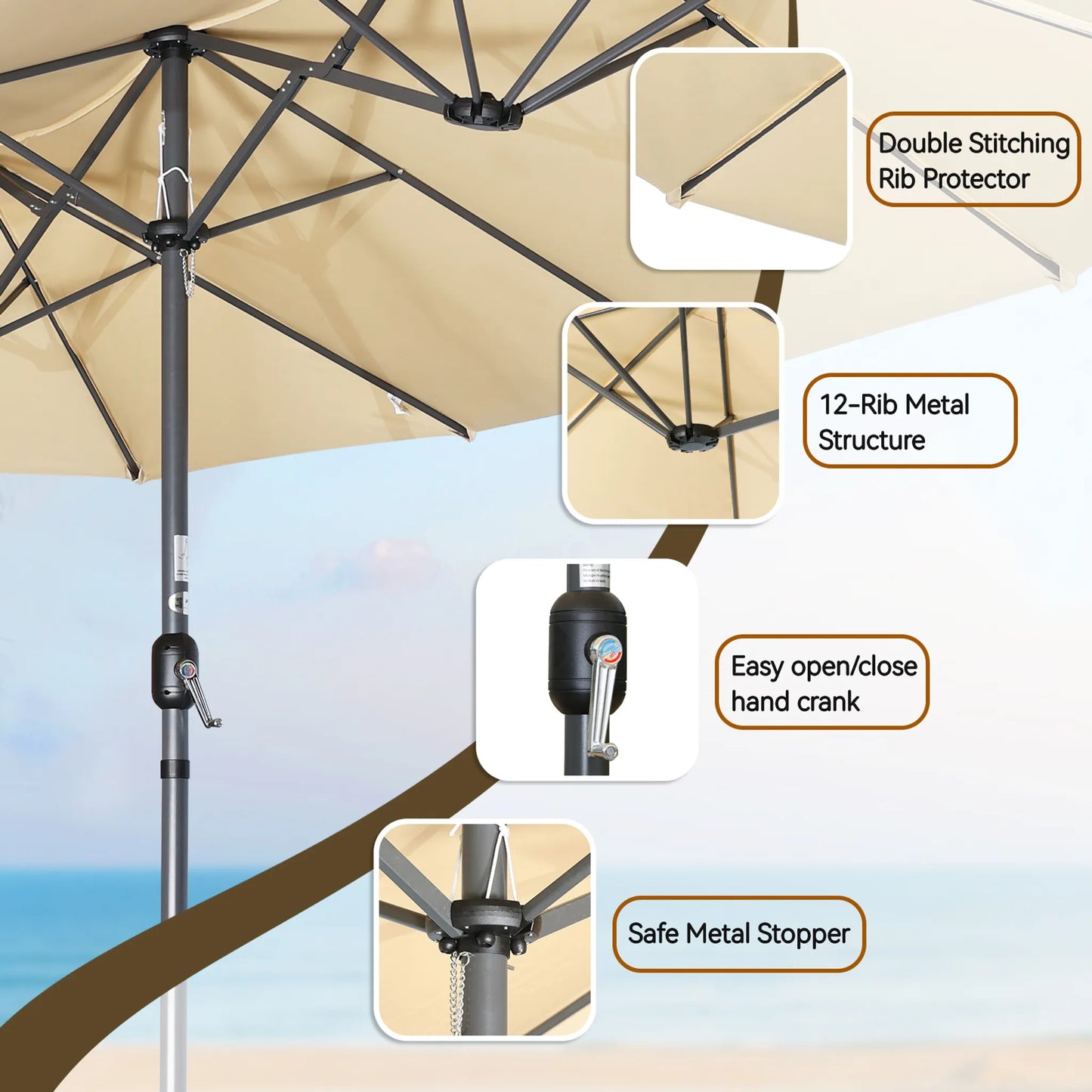Angel Living Doppel-Sonnenschirm – 460 x 270 cm – mit Drehkurbel – UPF 50+ – beige