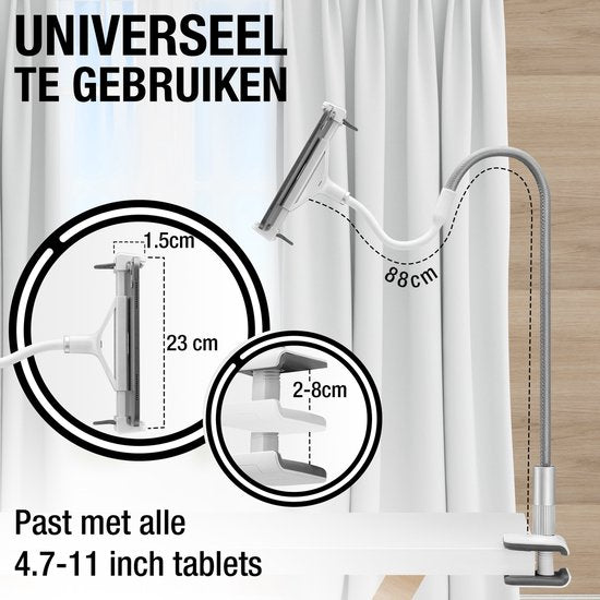 Studio ME Tablet-Halterung Flexibel Weiß - 4.7 bis 12.9 Zoll - Ipad-Halterung Stativklemme - 100 CM - Tablet-Ständer - Geeignet für Kameras - 360º drehbar - Tablet-Halterung