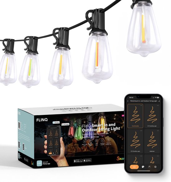 FlinQ Smart Light String Premium - LED-Lichtgirlande für den Außenbereich - Gartenbeleuchtung 15 Meter langes Kabel - Girlande mit RGB-Lichtern - Stimmungslichter / Partylichter - Partylichter