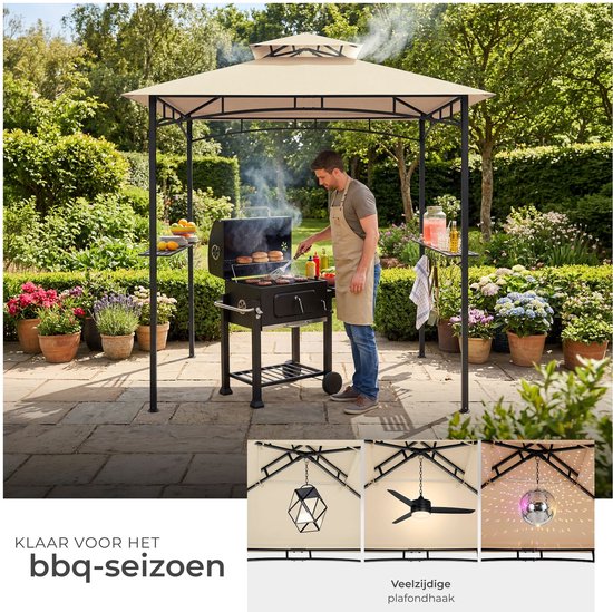 tectake® Grillpavillon – Grillüberdachung – 240 x 150 x 250 cm - Gartenpavillon – wetterfest – UV-Schutz – Doppeldachsystem – Pavillon mit Aufhängehaken, Grillrosten und Flaschenöffner – Grillpavillon – sandfarben
