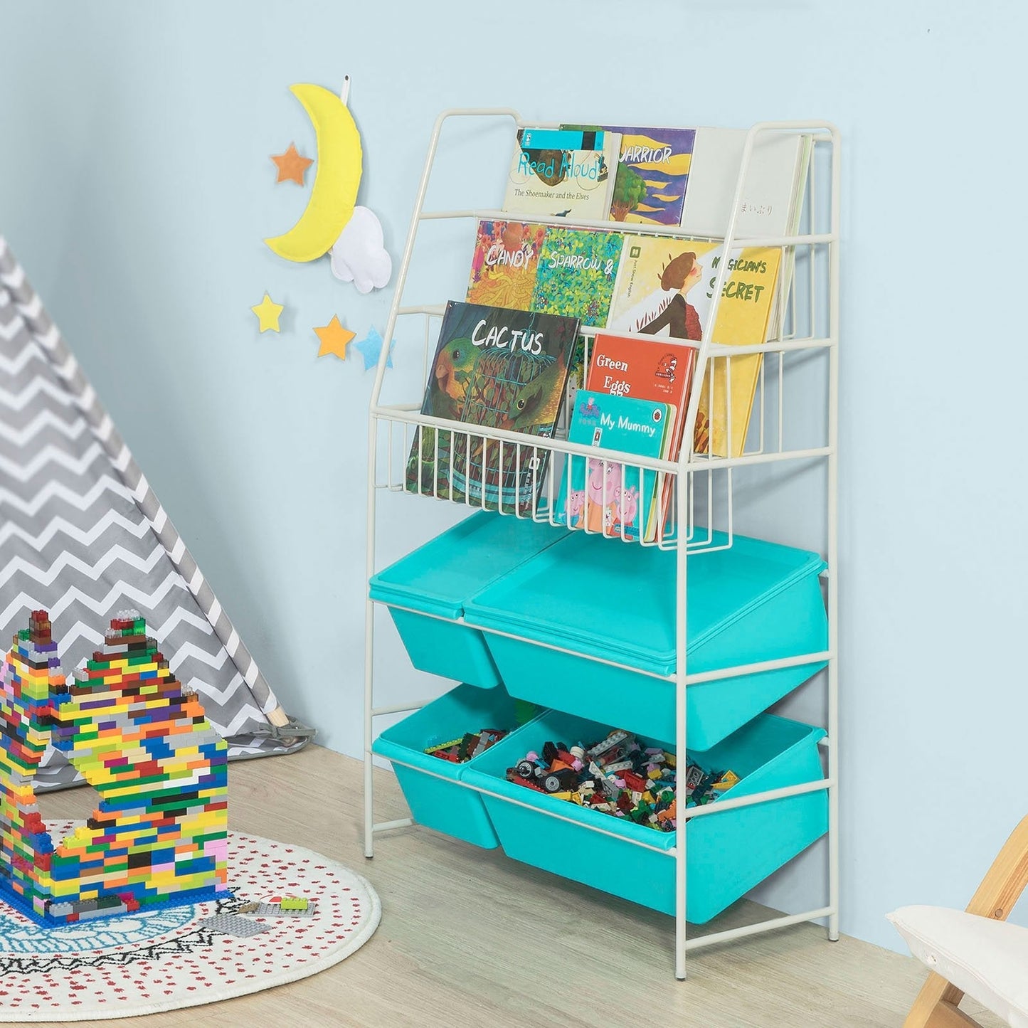 SoBuy Aufbewahrungsregal für Kinder - mit Bücherregal - Max. 50 kg - 61 x 25 x 102 cm - Blau / Weiß