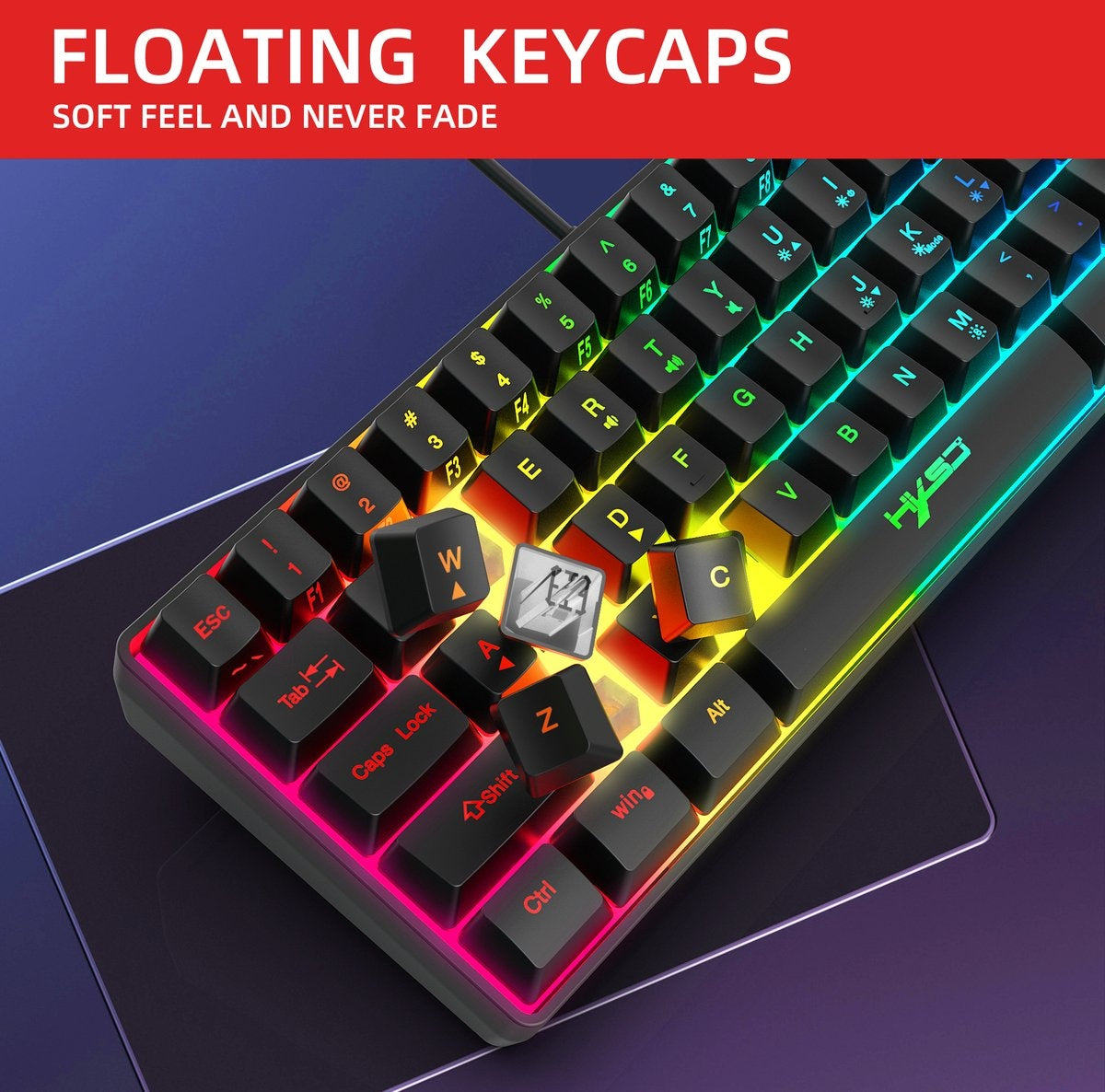 HXSJ Gaming Tastatur - V700 - RGB Membran - 61 Tasten - Kabelgebunden - Schwarz