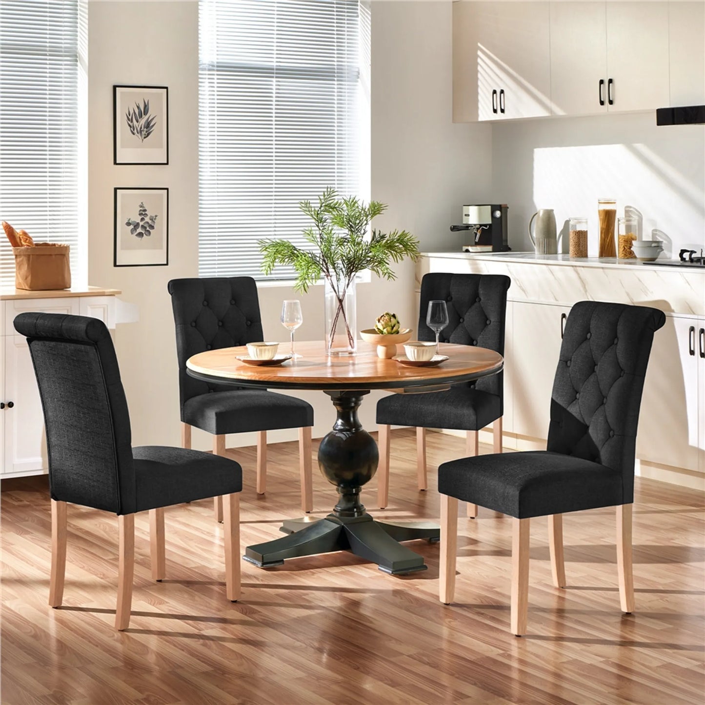 Yaheetech Esszimmerstuhl mit hoher Rückenlehne 2 Stück - Mit gepolsterter Rückenlehne und massiven Eichenbeinen und verstellbaren Schutzbeinen - Für Küche und Restaurant - Schwarzes Polyester und Eiche - 45,5 x 62 x 98,5 cm
