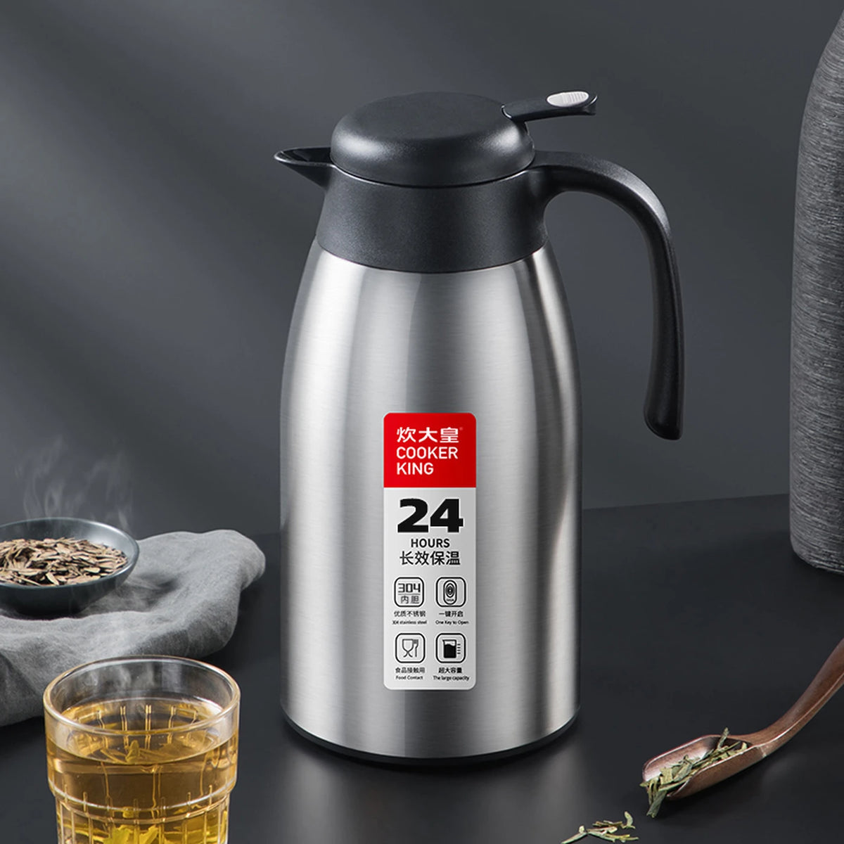 COOKER KING Thermoskanne für heißes Wasser – 2,2 Liter – Edelstahl 304 – Vakuumisolierung – Schwarz/Mehrfarbig