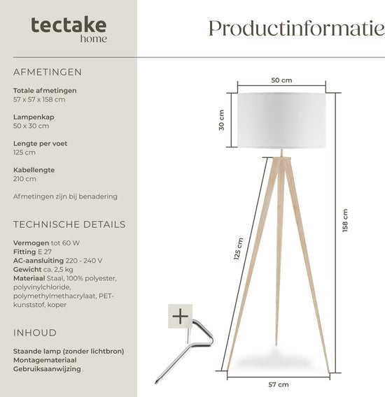 tectake Lunaris Stehlampe – Dreifuß – Lampenschirm in Leinenoptik – E27 – 158 cm