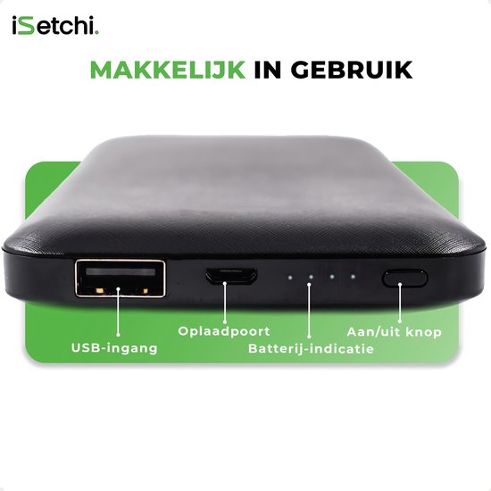 iSetchi Powerbank 10000 mAh - 4-in-1 - Eingebaute Kabel - Schwarz