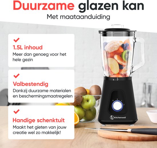 Kitchenwell Mixer - Leistungsstarker 1300 Watt Smoothie Mixer - 1,5 Liter - Glaskrug - 3 Ständer - Inklusive Sportbecher - Edelstahl/Schwarz